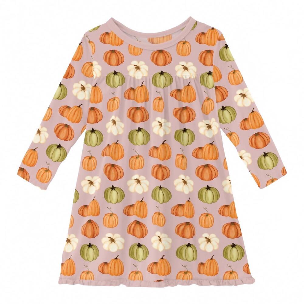 NEW KICKEE girl's long sleeve swing dress in baby rose pumpkin patch